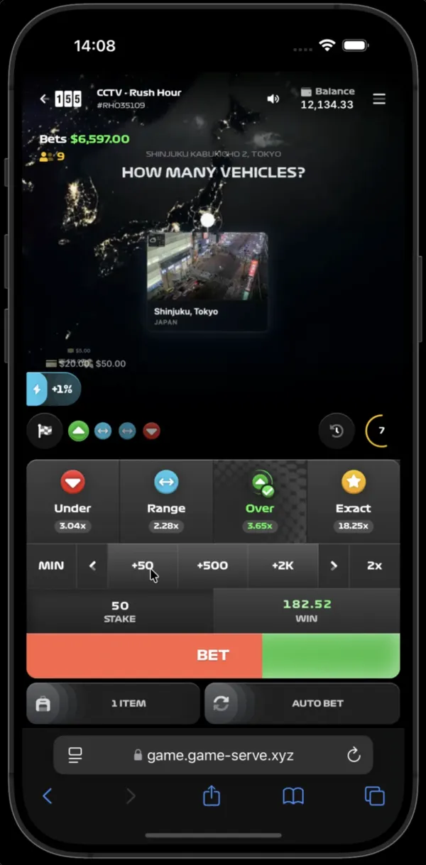 The Rush Hour betting screen showing an AI-monitored city street